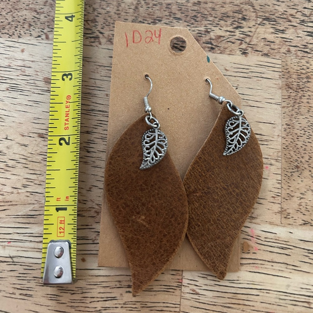 Tan Leather Leaf Earrings with Silver Accents
